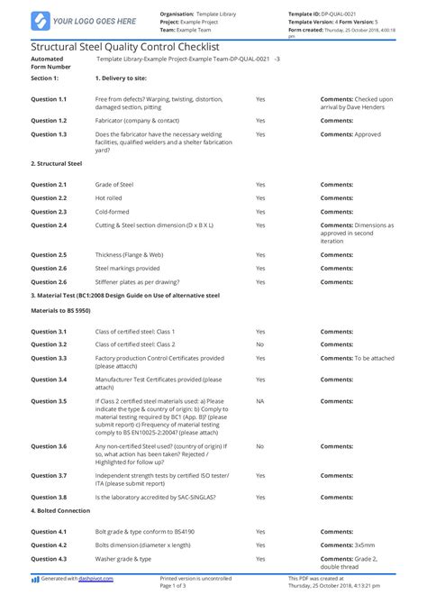 structural steel quality control checklist